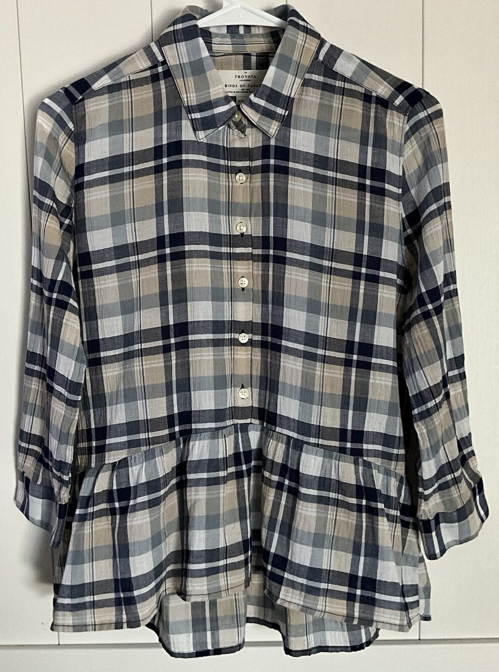 Trovata Birds of Paradise Blue/Beige Plaid Peplum Top, Size Extra Small EUC